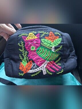 Weightless Hand-Embroidered Colorful Bird Patch on Black Cotton Shoulder Bag